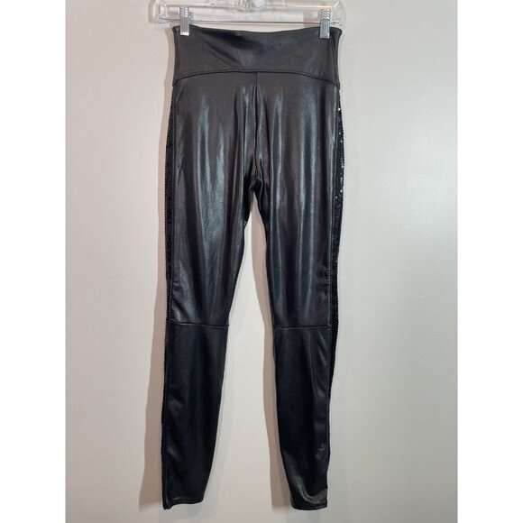 Spanx Faux Leather Leggings with Sequins Size Small Stretchy Pull On Black - Picture 4 of 10